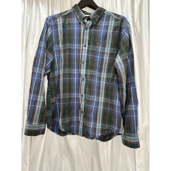 Columbia Mens Medium Long Sleeve Blue Green Brown Lightweight Hiking Button Down - Picture 1 of 13